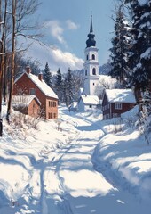 Charming Winter Village Landscape with Snowy Trees Houses Church and Christmas Spirit