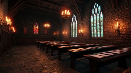 Fototapeta premium Majestic Gothic Hall with Candles and Stained Glass Windows