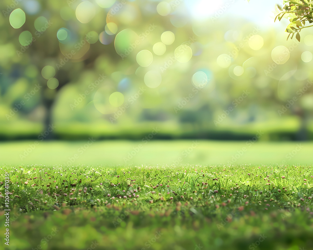 Poster grass field with out-of-focus trees and bokeh