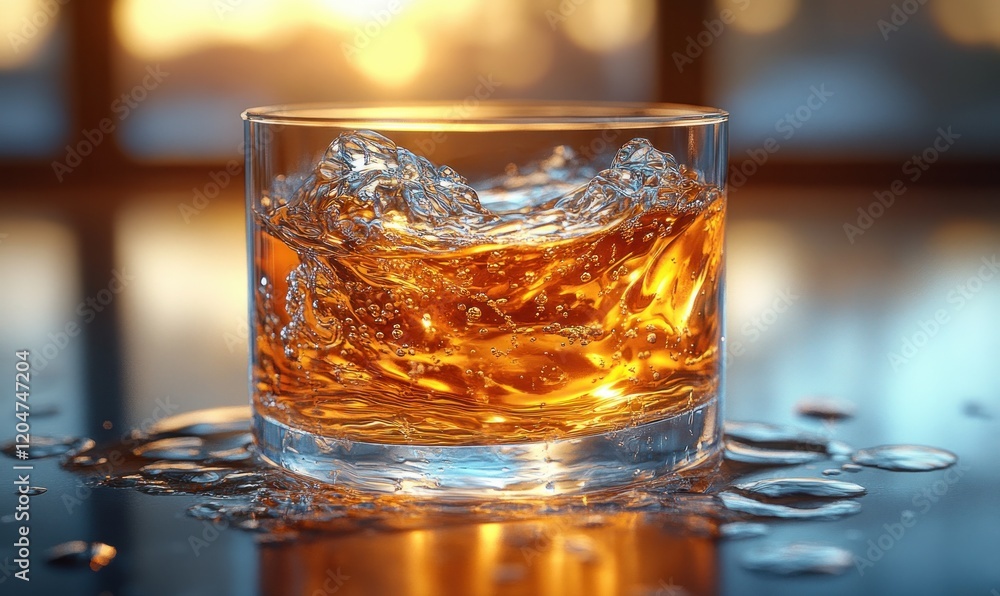 Poster swirling liquid in glass with colorful refraction and soft diffused lighting