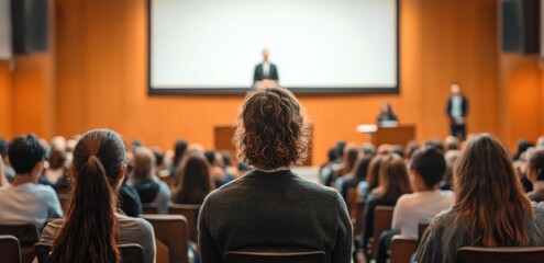 Speaker Presenting at Business Conference with Diverse Audience in Lecture Hall