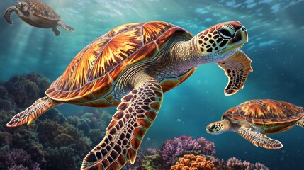 Obraz premium Colorful Sea Turtles Swimming Gracefully in Vibrant Coral Reef