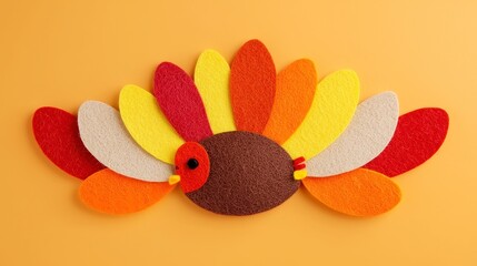 Fototapeta premium Felt Turkey on Orange Background, vibrant orange brown and yellow crafted felt turkey resting flat on a bright orange surface, ample copy space surrounds the artwork