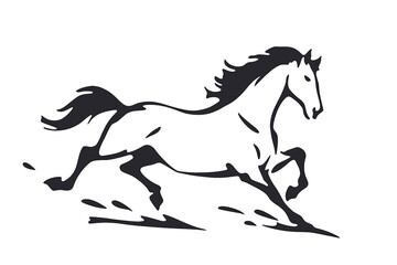 力強く駆ける馬のモノクロのシルエットイラスト