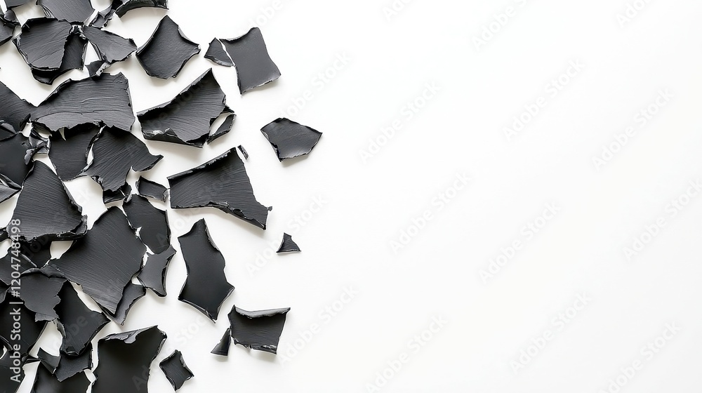 Poster black paper scraps on a white wall, a minimalist composition highlighting the contrast of dark and l