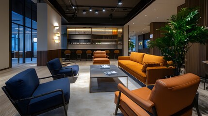 Modern Office Lounge With Orange Sofa And Blue Chairs