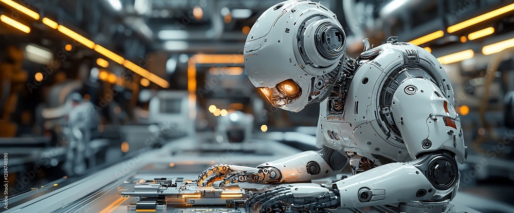 Poster Futuristic robot working on a complex machine in a high-tech factory.