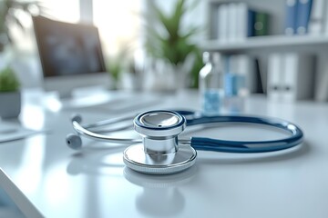 Medical stethoscope on a desk in a doctor's office. Healthcare and medical examination concept.
