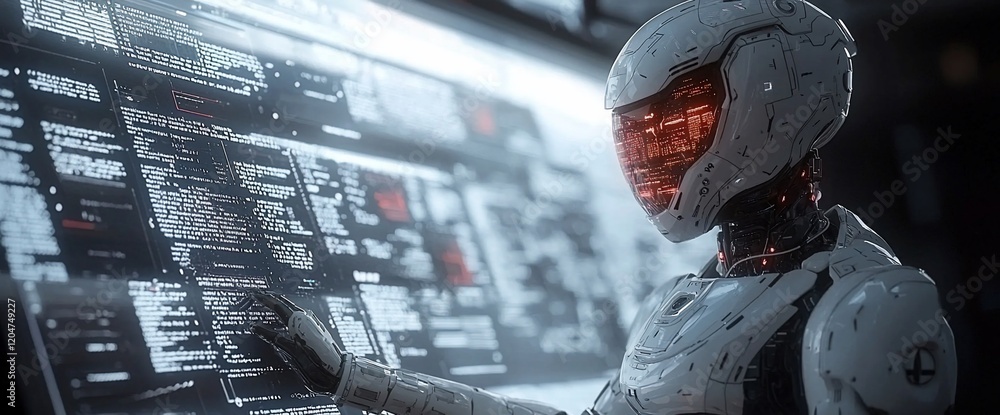 Aufkleber Futuristic robot reviewing data on a large screen.
