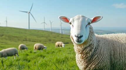 Fototapeta premium Sheep in Green Field with Wind Turbines in Clear Blue Sky