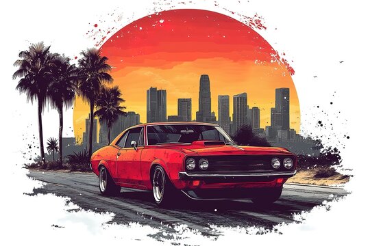 Classic red muscle car cruising at sunset with a city skyline in the background.