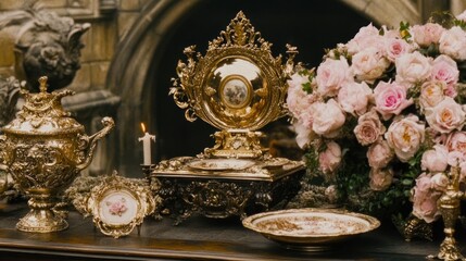 Obraz premium Opulent Golden Table Setting with Roses