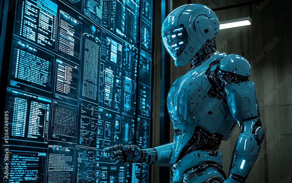 Poster Futuristic robot interacting with a large digital screen displaying complex data.