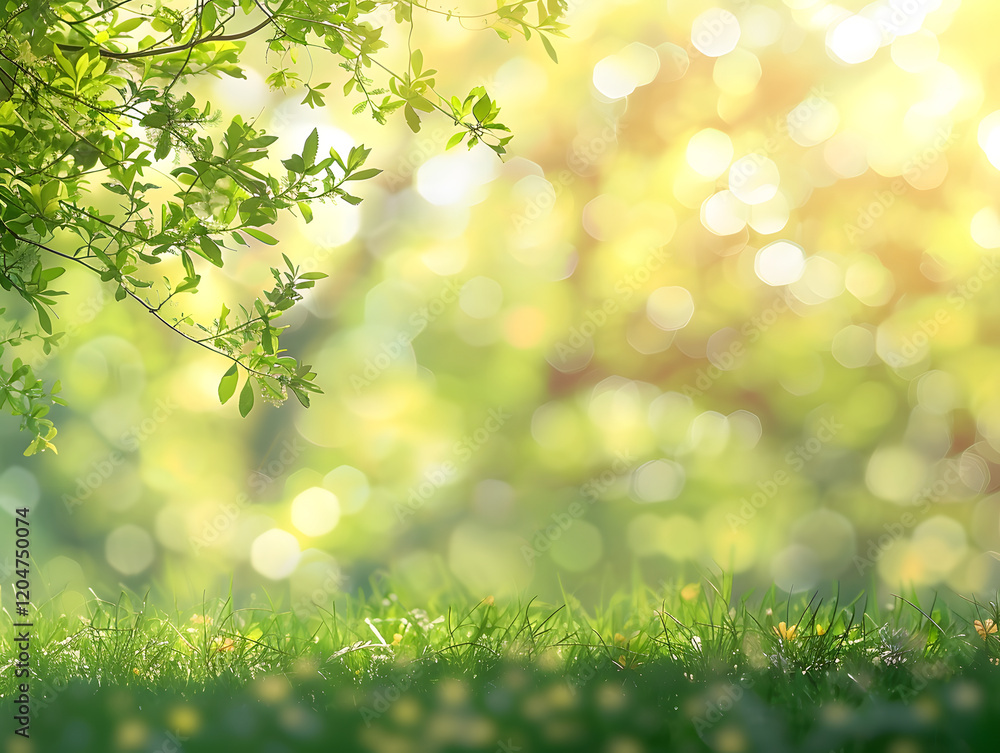 Poster green grass and tree branch with sunlight bokeh background
