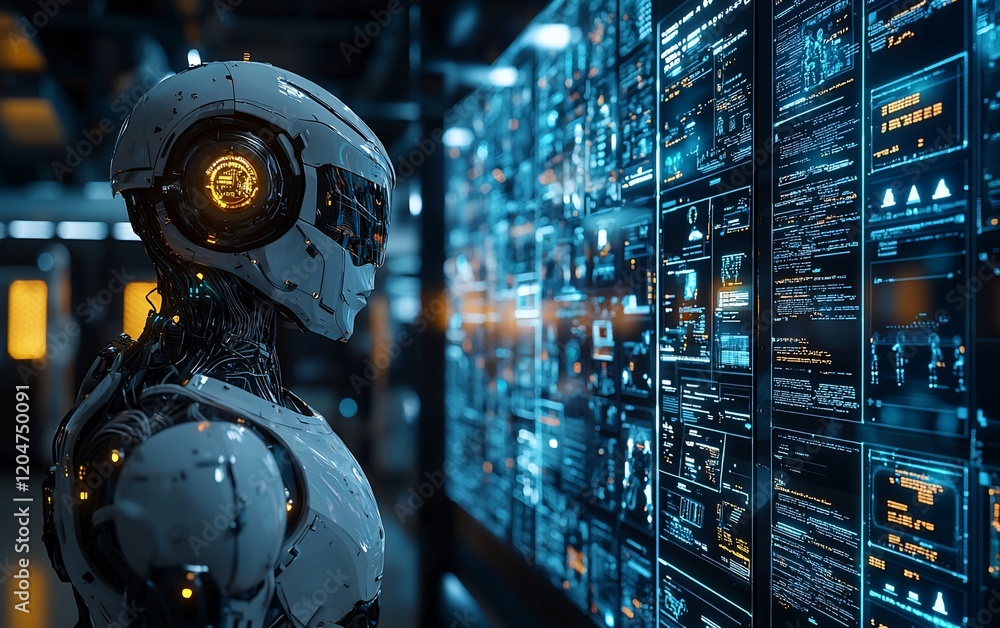 Poster futuristic robot analyzes data on large screen.