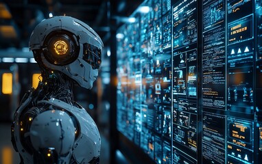 Futuristic robot analyzes data on large screen.