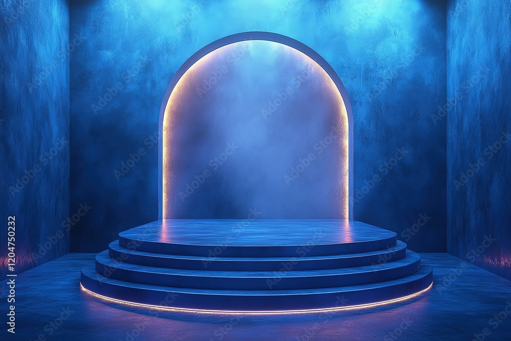 Aufkleber neon-lit circular platform with arched backdrop. perfect for product display or presentation.