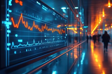Financial data displayed on a large screen in a modern building, showcasing fluctuating market trends.