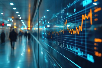 Financial data displayed on a large screen in a bustling urban transit area.