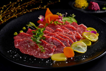 An elegant dish featuring tender pink pieces of meat, artfully arranged alongside vibrant, freshly cut vegetables presented on a sleek black plate.