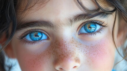 Fototapeta premium Close-up of a girl's bright blue eyes and freckled face.