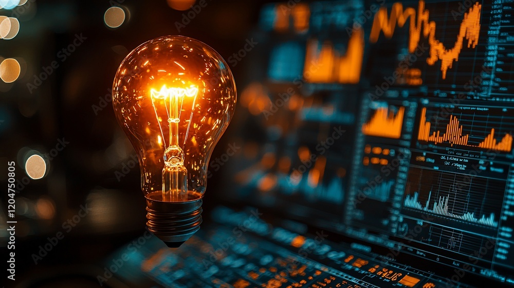 Poster glowing lightbulb over laptop displaying financial charts.
