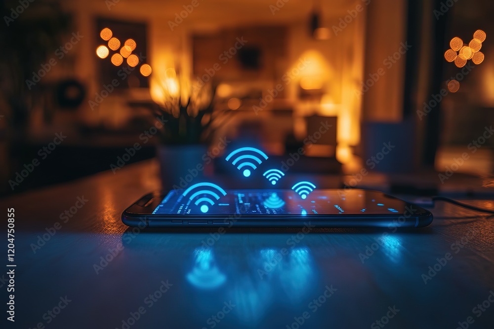 Poster smartphone displaying wireless network signals in a dimly lit home.