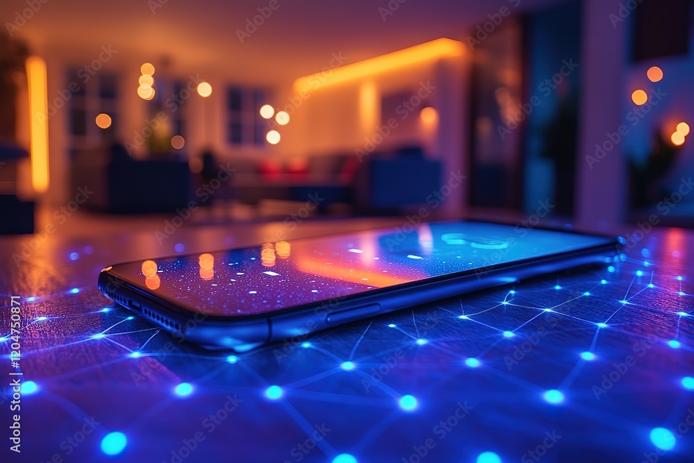 Poster smart home control: phone on illuminated table, connected network visualized.