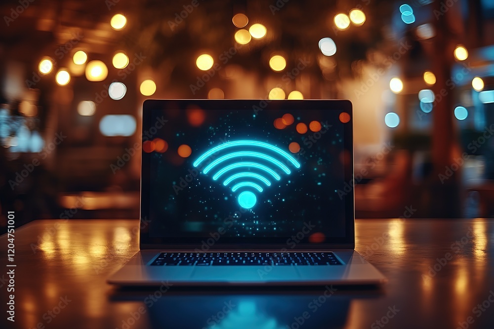 Aufkleber laptop displaying wifi signal in a cafe at night. perfect for concepts of connectivity, technology, 