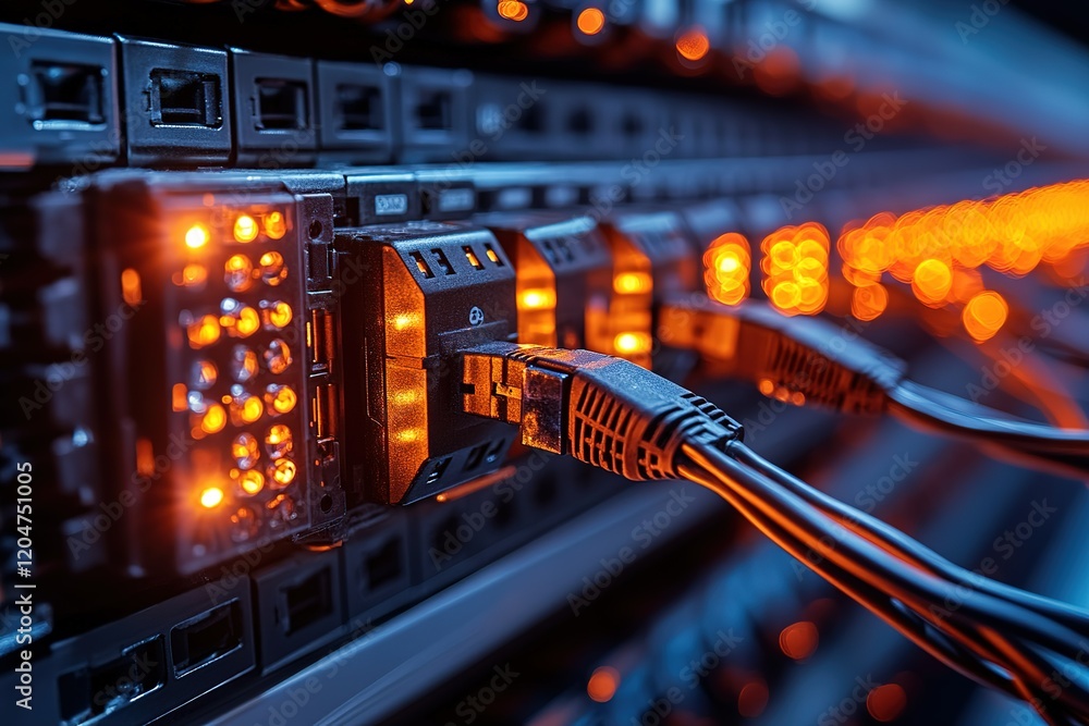 Poster network server connections glowing with data transfer activity.