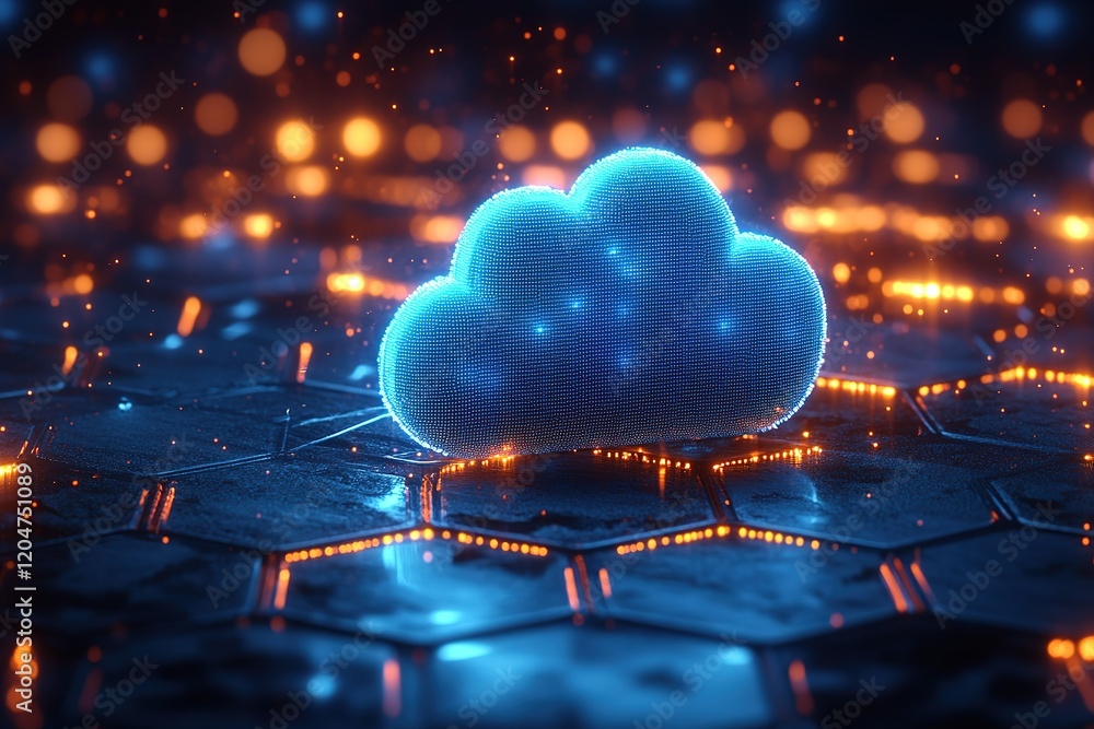Poster glowing cloud data symbol on a hexagonal surface. digital technology concept.