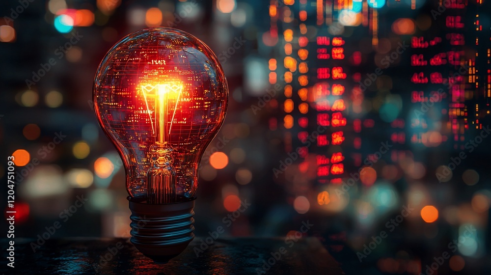 Aufkleber glowing lightbulb with digital code inside, city bokeh background.