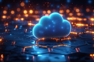 Glowing cloud data symbol on a hexagonal surface.  Digital technology concept.