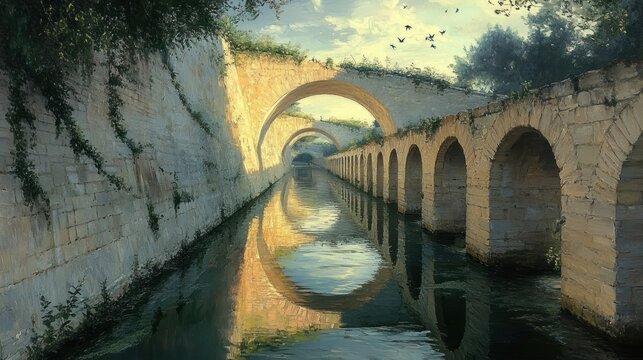 Impressionist Aqueduct Reflections Under Sunlight with Lush Greenery and Birds in the Sky