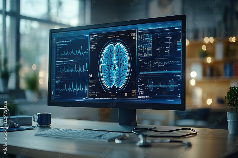 Poster medical data analysis on a large computer monitor. brain scan and vital signs displayed.