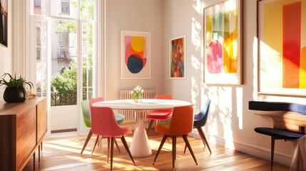 A colorful dining room with a round table and chairs