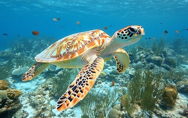 Obraz premium Hawksbill sea turtle swimming in vibrant coral reef.