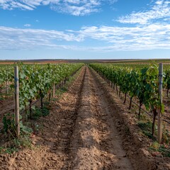 Vineyard Rows Leading to the Horizon on a Sunny Day