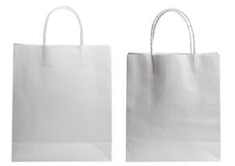Two blank white paper bags, ideal for branding and shopping purposes.