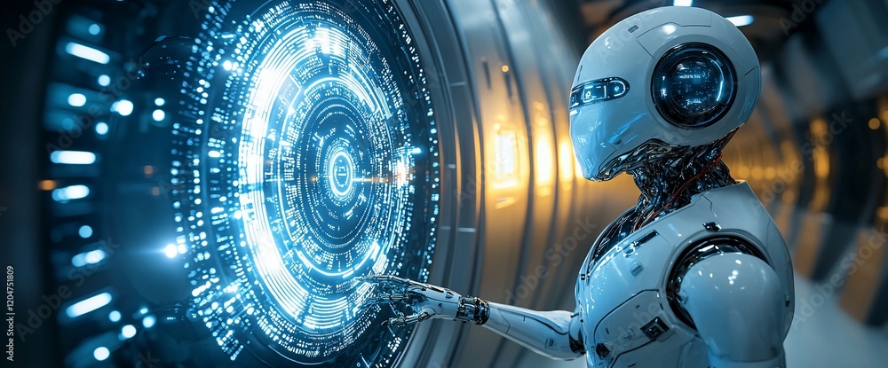 Poster Robot interacting with futuristic digital interface.