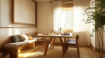 Fototapeta premium A small, cozy room with a wooden table and chairs