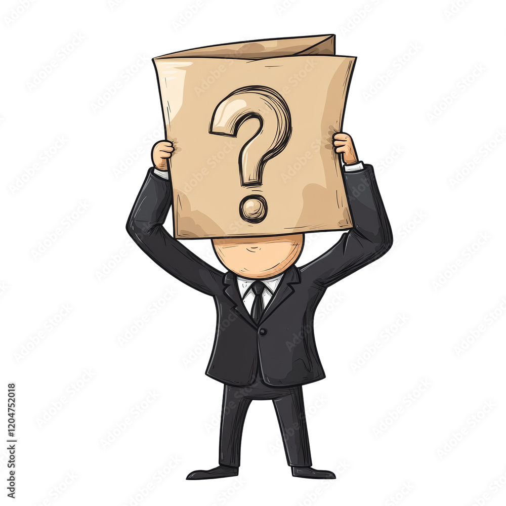 Poster a cartoon businessman hides his face behind a paper with a question mark symbolizing anonymity and u