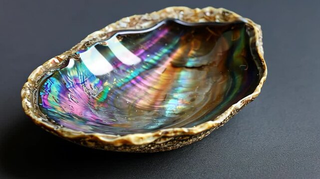 Beautiful abalone shell displaying iridescent colors on a dark background