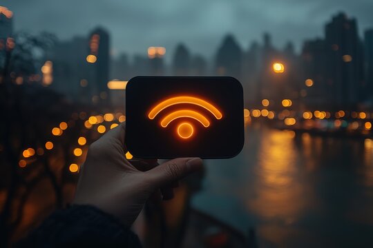 Hand holding a glowing wifi symbol against a city night backdrop.