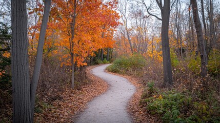 Obraz premium Autumnal Path: A Serene Walk Through Vibrant Fall Foliage