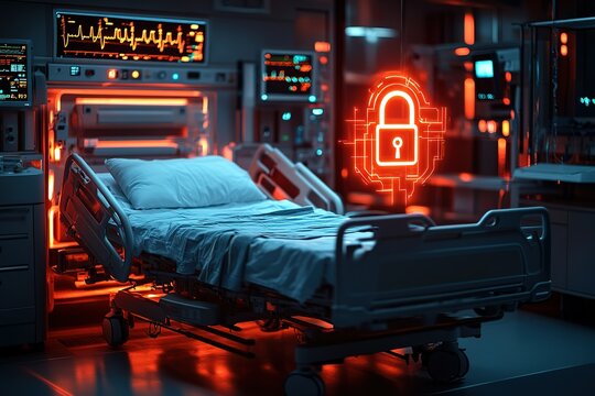 Hospital bed with digital security lock overlay.  Data privacy and patient information security concept.