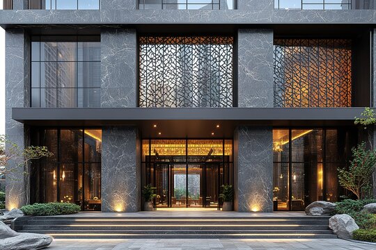 Modern building entrance with sleek design and marble facade.  Illuminated lobby visible through large glass doors.