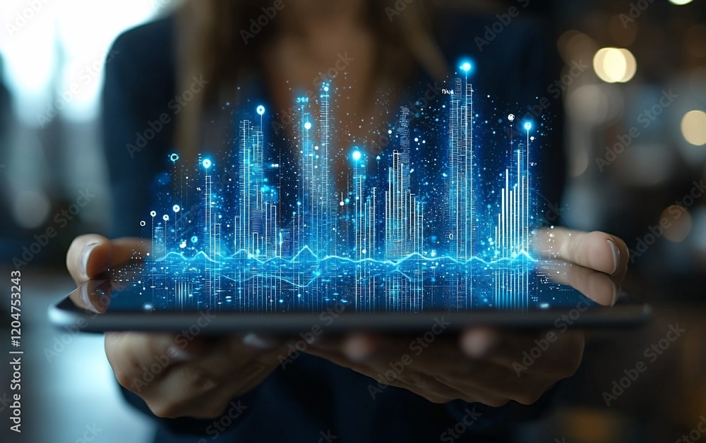 Poster woman holding tablet displaying digital cityscape and data graphs.