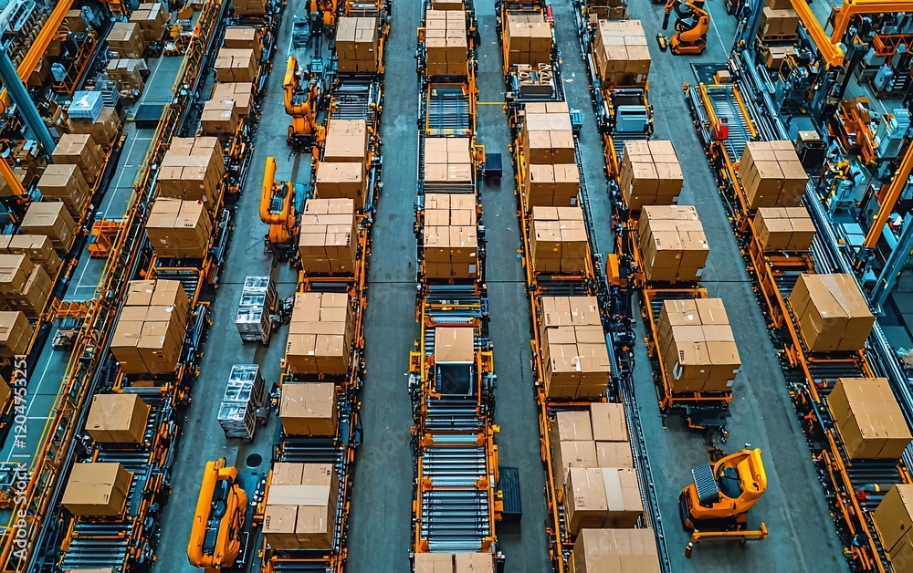 Poster automated warehouse with robotic arms sorting cardboard boxes on conveyor belts.