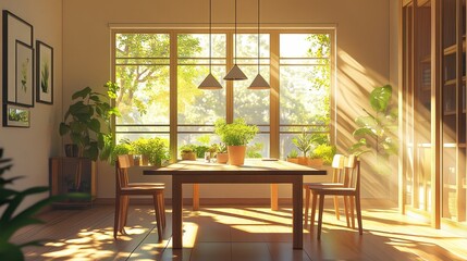A bright and sunny room with a wooden table and chairs